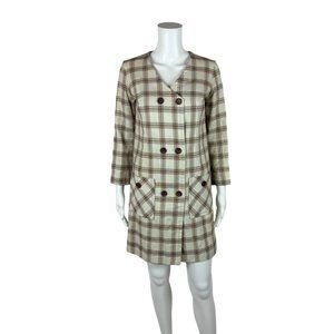 Vintage 70s Plaid Coat Women's Small Off White Brown Long Blazer Jacket Mod